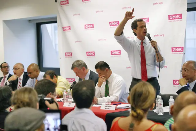 Anthony Weiner and other mayoral candidates at a forum last month